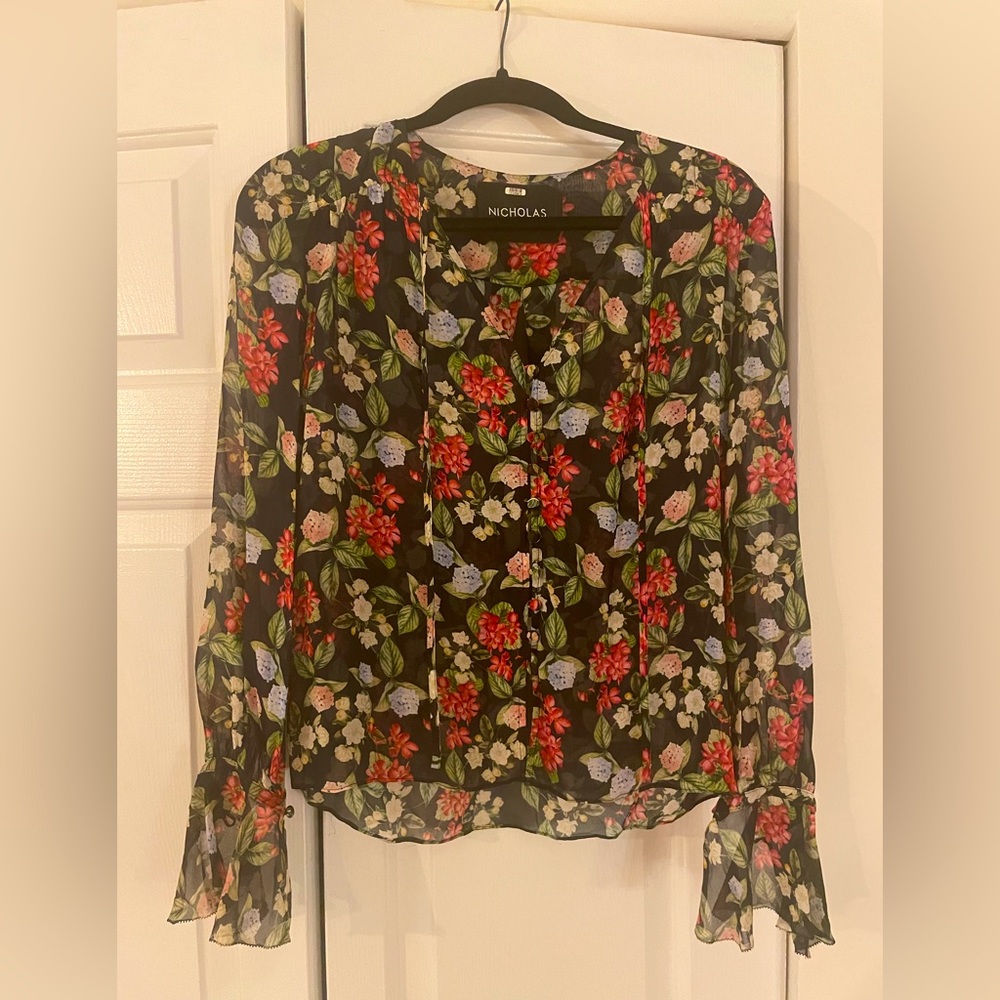 Worn once Nicholas black floral chiffon and silk button down blouse